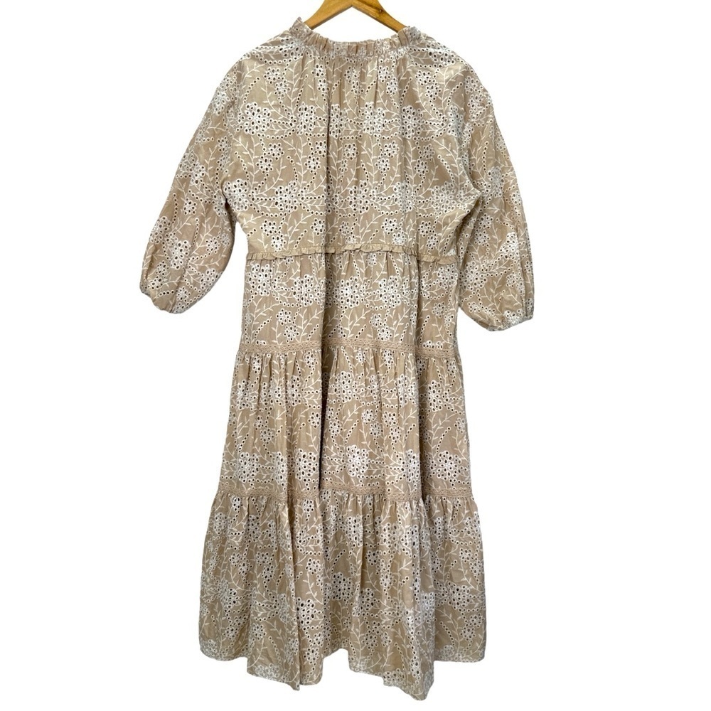 Chico's Eyelet Ruffle Neck Tiered Midi Dress Neutral - Picture 3 of 12